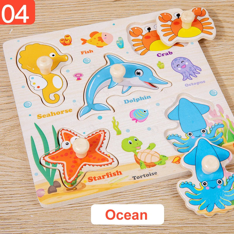 Wooden Montessori Puzzle Board – Cartoon Animal & Vehicle Shapes (Early Learning Toy for Toddlers)