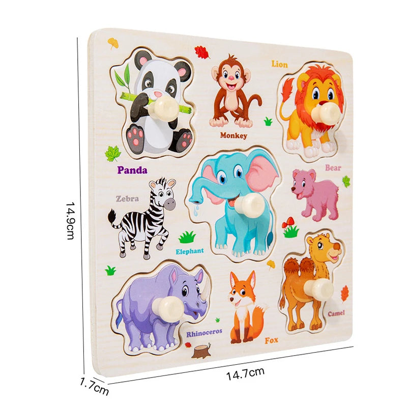 Wooden Montessori Puzzle Board – Cartoon Animal & Vehicle Shapes (Early Learning Toy for Toddlers)