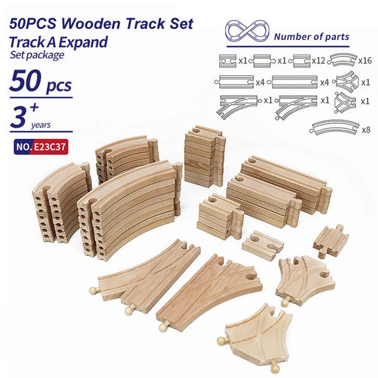 50-Piece Wooden Train Track Set – Beech Wood Railway