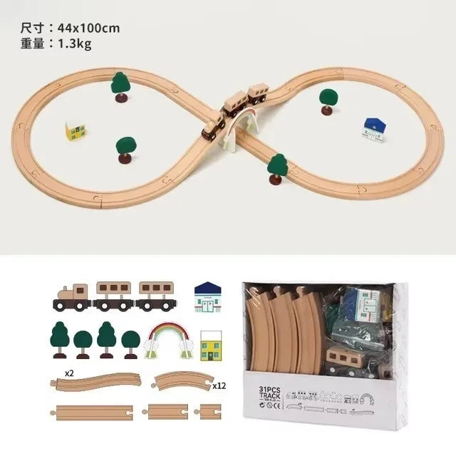 Wooden Train Track Set – Beech Wood Railway with Accessories