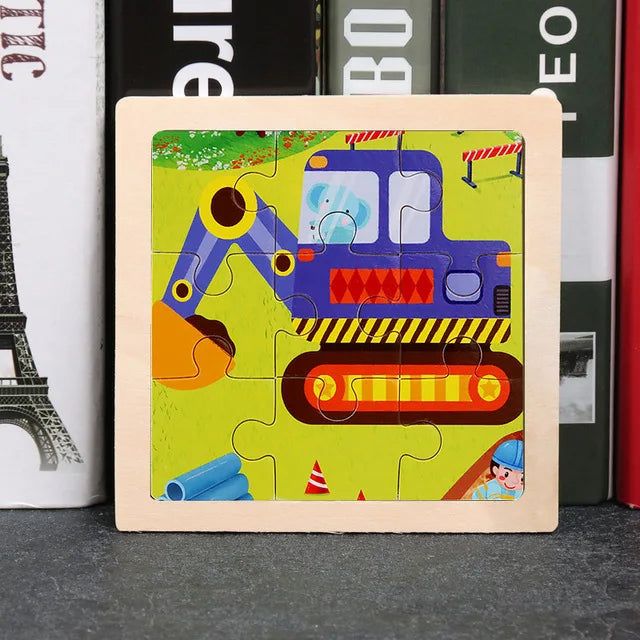 3D Wooden Cartoon Animal & Vehicle Puzzle – Montessori Early Learning Toy (11x11cm)