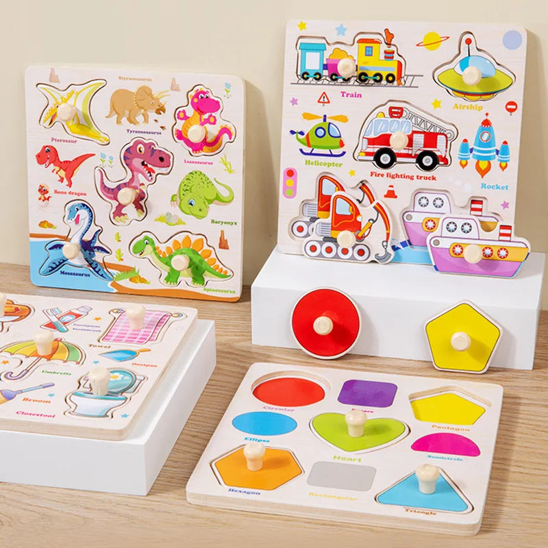 Wooden Montessori Puzzle Board – Cartoon Animal & Vehicle Shapes (Early Learning Toy for Toddlers)