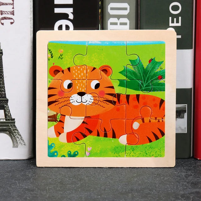 3D Wooden Cartoon Animal & Vehicle Puzzle – Montessori Early Learning Toy (11x11cm)