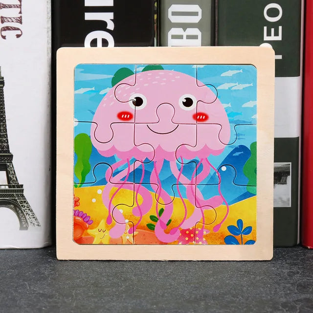 3D Wooden Cartoon Animal & Vehicle Puzzle – Montessori Early Learning Toy (11x11cm)
