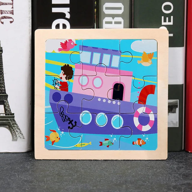 3D Wooden Cartoon Animal & Vehicle Puzzle – Montessori Early Learning Toy (11x11cm)